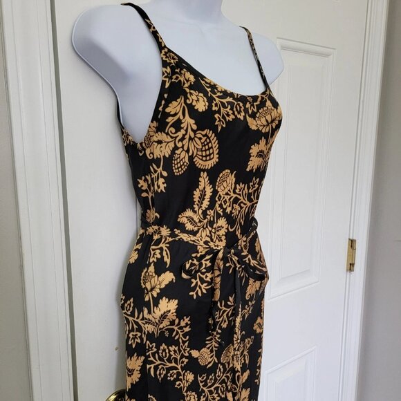 Zara Floral Print Black and Bronze/Gold Tie Wrap Maxi Dress with High Slit XS - Picture 3 of 7
